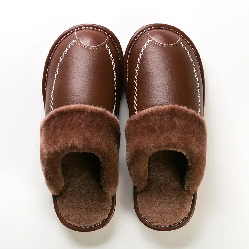 Chinelos de couro impermeáveis para homens, sapatos de algodão masculino, veludo grosso mais, interior, quente, casa, casa, quarto, inverno