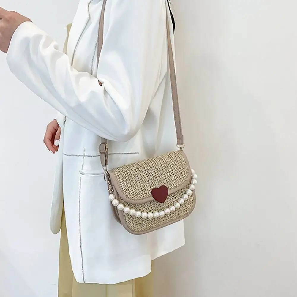 Sweet Pearl Straw Crossbody Bag Square Handbag Classic Shoulder Bag Shoulder Strap Small Messenger Bag Female