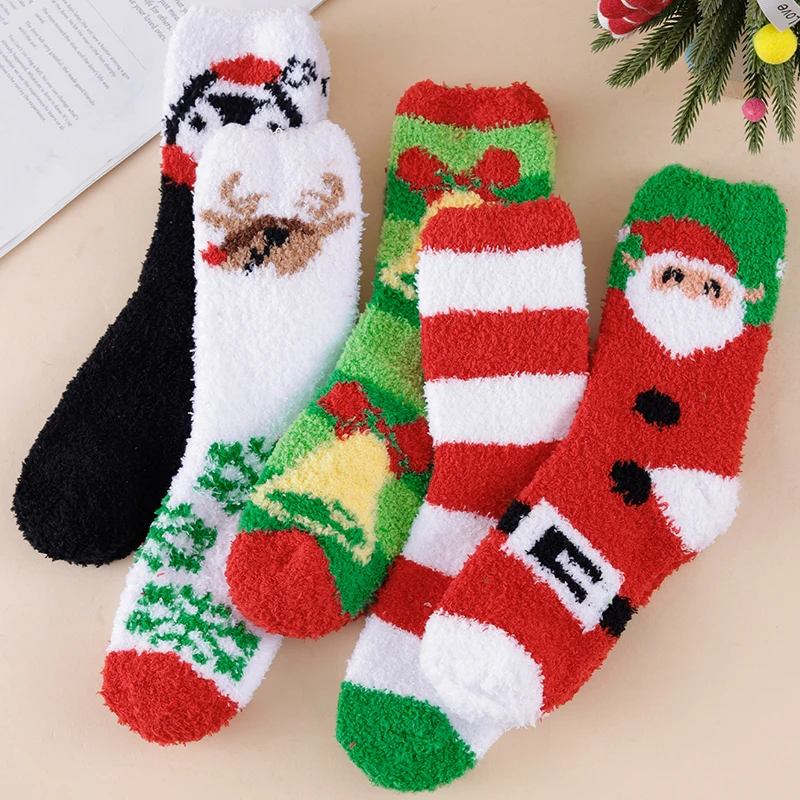 1/3/5/10 Pairs Random Women Fall Winter Christmas Cartoon Stripe Comfortable Thick Fleece Warm Midcalf Socks