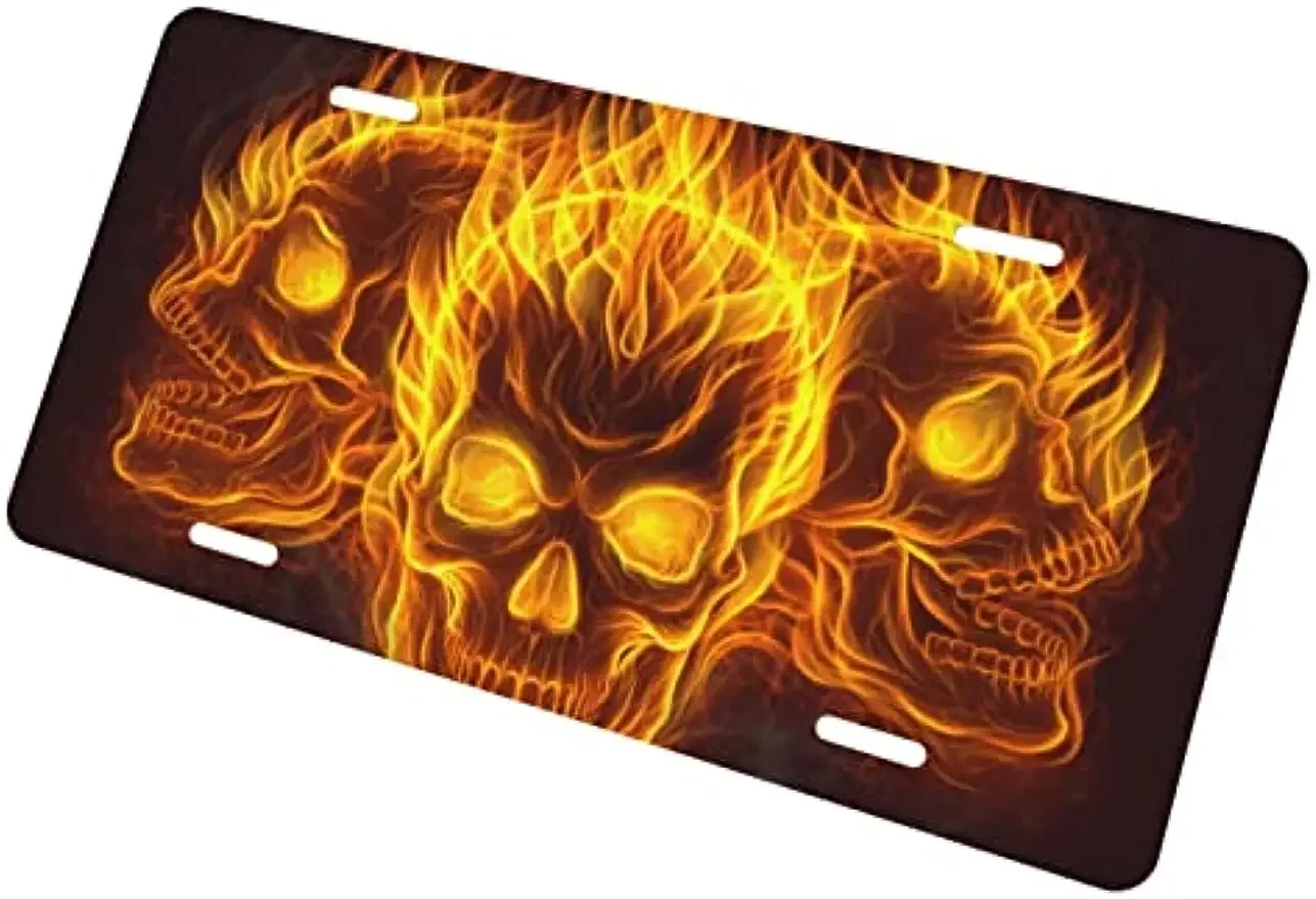 Red Fire Skulls Flame Car Front License Plate Cover Angry Skeleton Personalise License Plate Frame for US Vehicle Standard