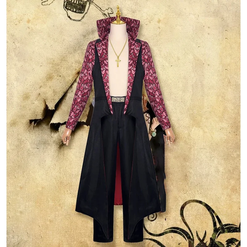 Movies Dracule Mihawk Cosplay Costume Stand-up Collar Cloak Printing Trench Coat Adult Man Halloween Carnival Suit Necklace om[8