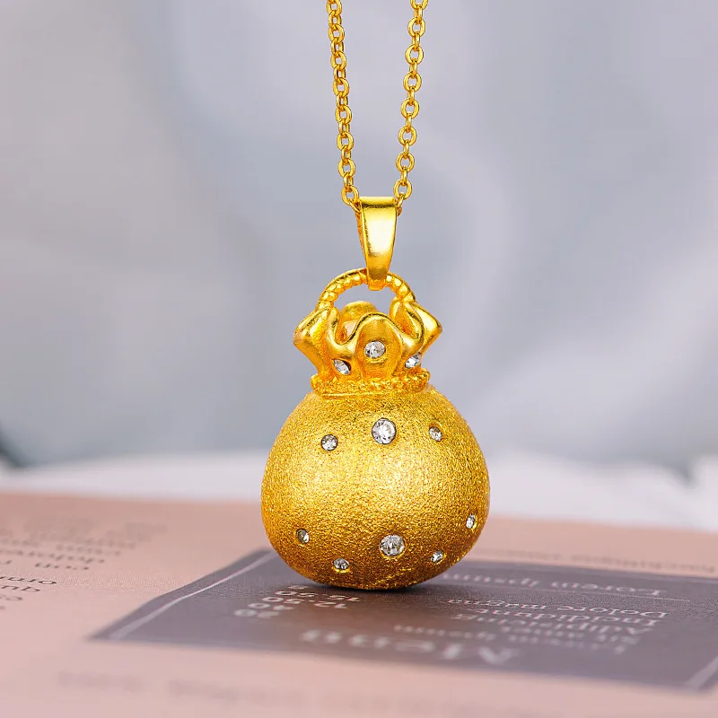 Women Antique Style Brushed Dot Diamond 9999 24K Real Gold Flash Small Lucky Bag Pendant Moissanite Brushed Money Bag Necklace