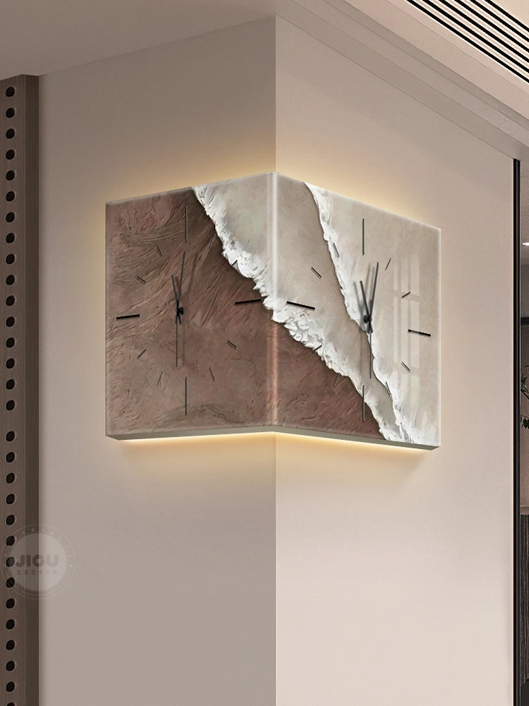 Minimalist with clock mural porch corner wall clock mural luminous living room wabi-sabi wind wave corner clock hanging painting image 5