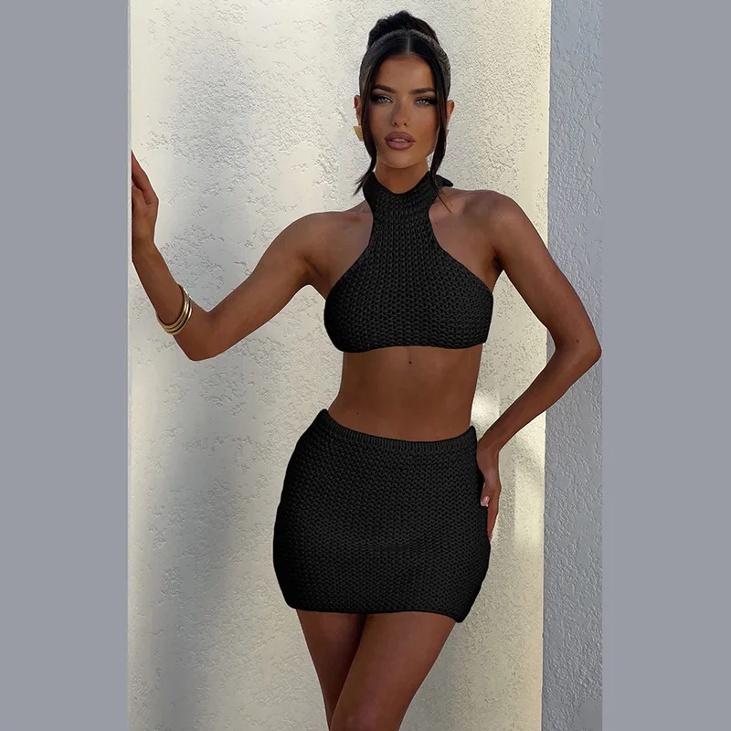 ชุดเซ็ตกระโปรงทรงเอวสูงผ้าถักสีพื้นแบบเว้า พร้อมเสื้อสายเดี่ยวเซ็กซี่สำหรับผู้หญิง ฤดูร้อนปี 2025 ไซส์ใหญ่พิเศษ 9XL 8XL 7XL 6XL 5XL XXXXXL