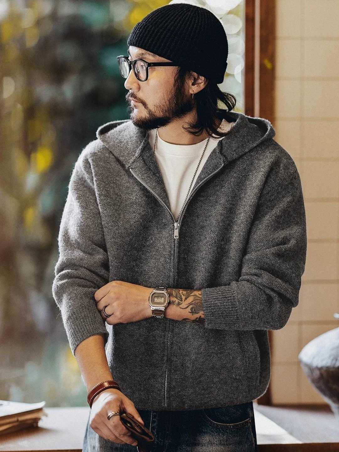

Large Size American ey Hooded Knitted Sweater Men's Autumn Winter Casual Loose Simple Zipper Open Cardigan Jaet
