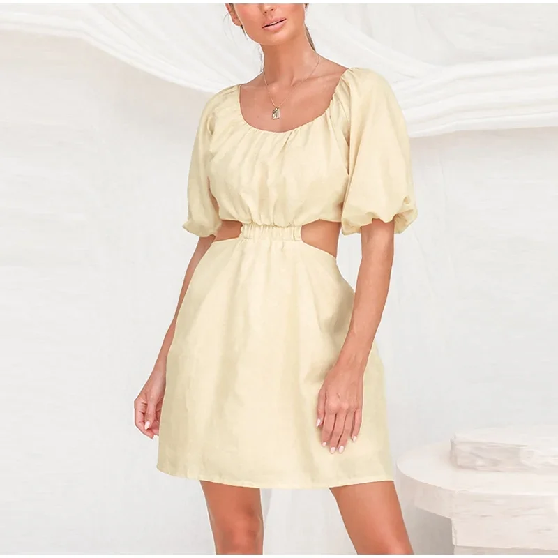 

Summer Dress Ladies Casual A-Line Loose Cotton Short Puff Sleeve Mini Dresses Women Hollow Out Vestidos White Fashion Aesthetic