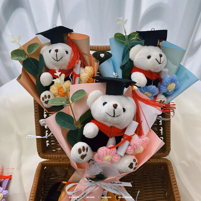 Crochet Flowers Bouquet Cute Dr. Bear Graduation Flower Bouquet Gift Artificial Flowers Mother's Day Gifts Home Decoration