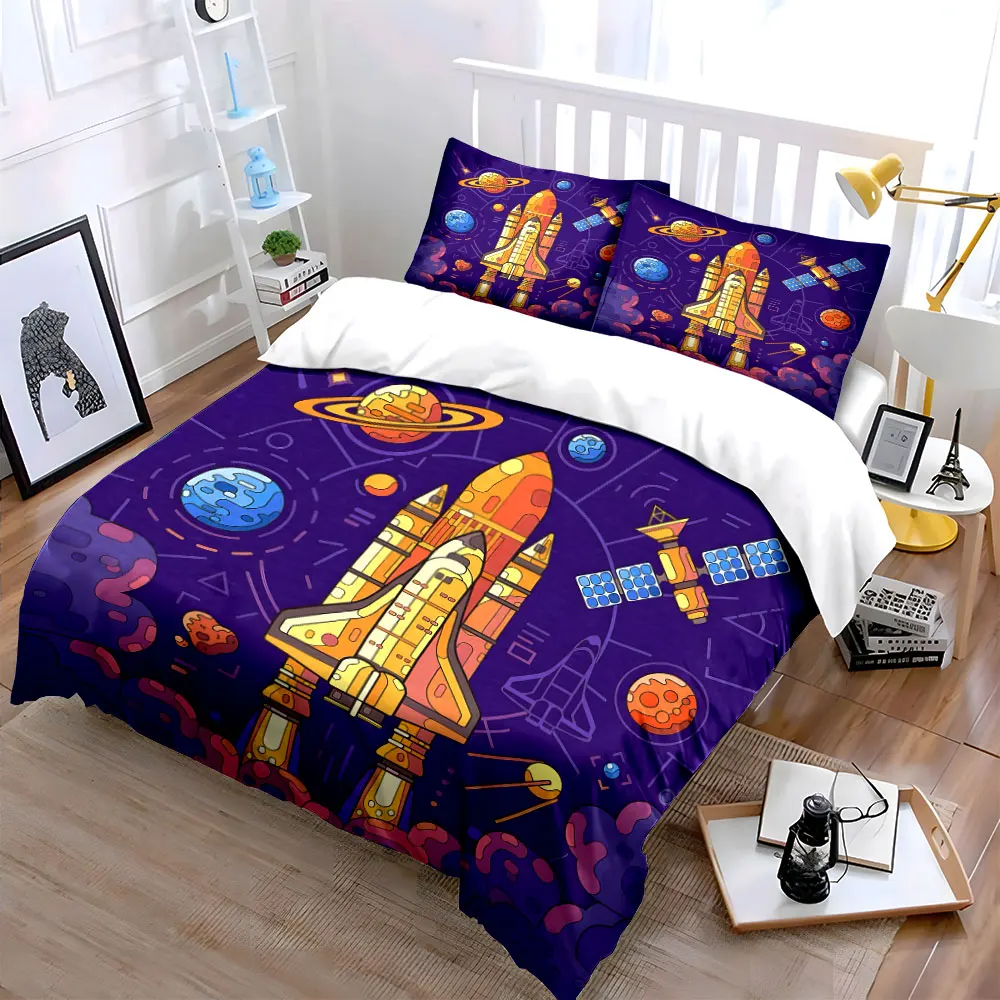 Space-Themed Rocket Poster Set Soft Skin-Friendly Bedding Set Includes 1 Duvet Cover And 2 Pillowcase, Gift