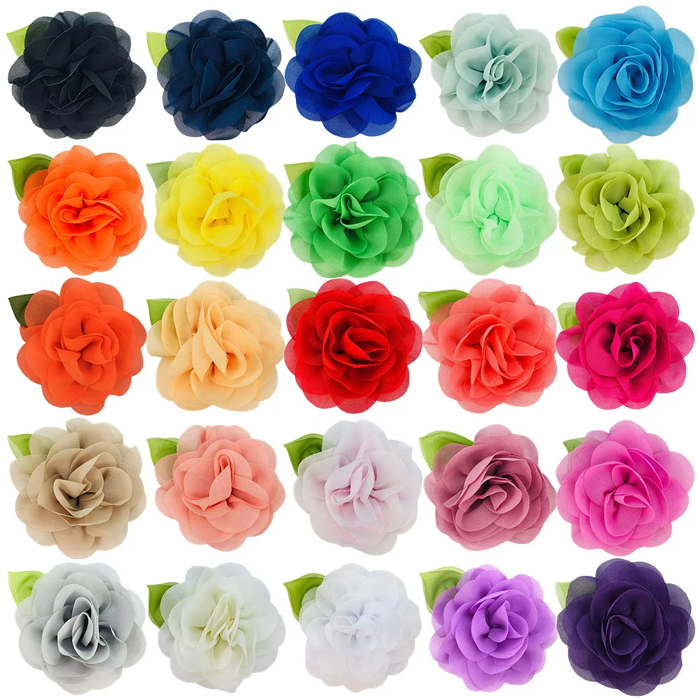 

300pcs Wholesale New Green Leaf Flower 10cm Three-dimensional Rose Chiffon Head Flower Girls Headwear Clothing Accessorie