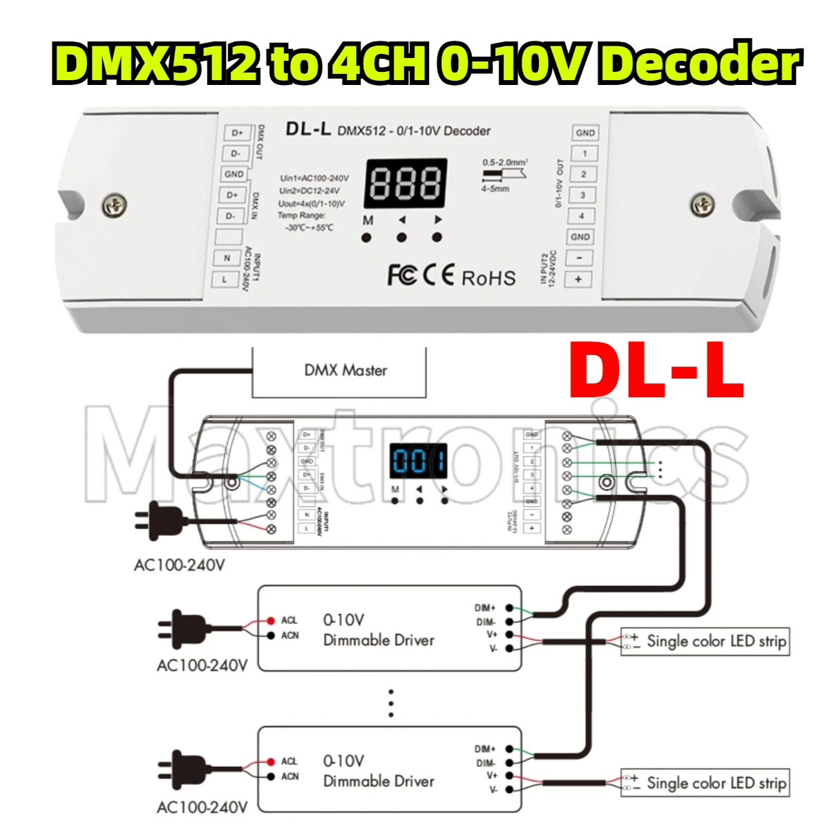 DMX512 to 4CH 0-10V Decoder DL-L DMX512 Signal to 0-10V Signal 4 Channel Dimmer DC12-24V for Single Color/RGB/RGBW Controller