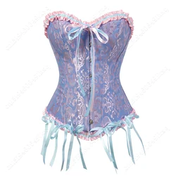 Corset Top Plus Size Women Bustier Overbust Sexy Lace Up Floral Victorian Fashion Corset Blue