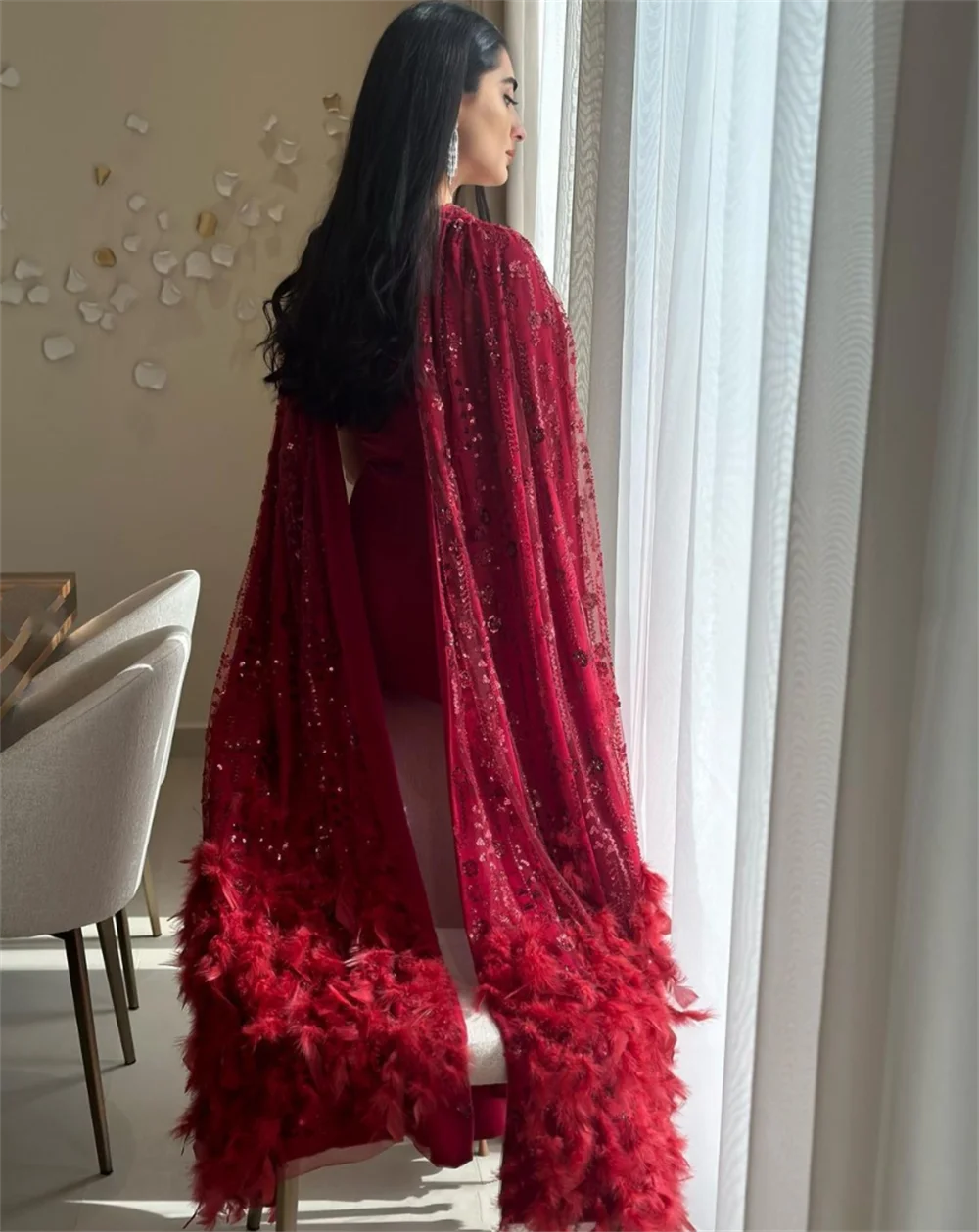 Annie Red Luxury Feathers Prom Dresses Glitter Shawl Coak Evening Dress Special Occasion Party Dresses فساتين السهرة Customized