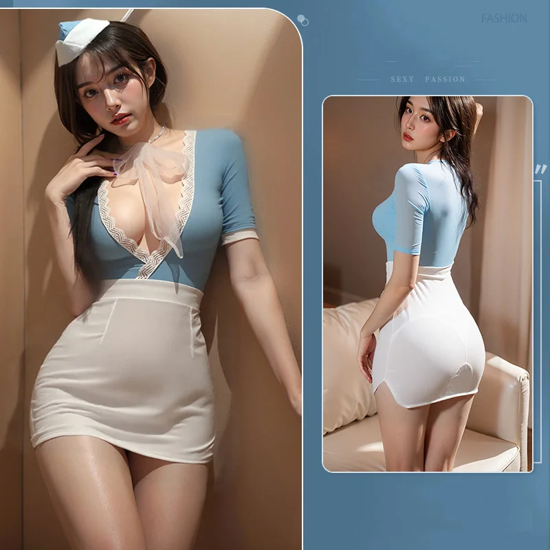 Cosplay costumes Tight Deep V Lace Short Bag Hip Skirt Flight Attendant Uniform Temptation youth sexy lingerie sexy hot Sex shop