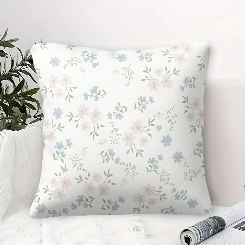 1Pc 45x45cm Polyester Throw Pillow,Machine Washable,Durable,Soft Pastel Flower Motif,Pink and Purple Flowers Green Leaves Print