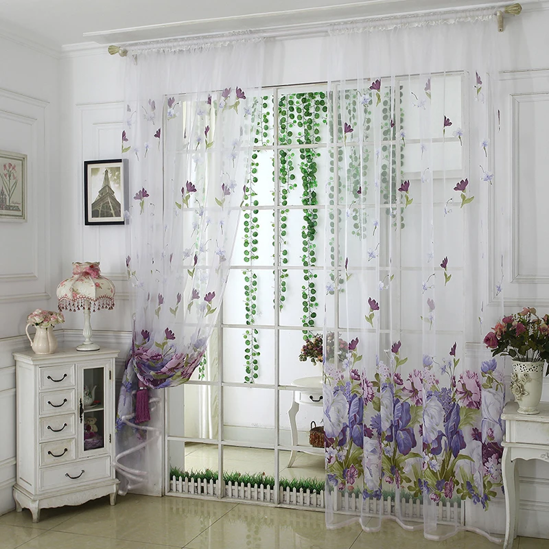 

1Pc Sheer Window Curtains Curtain Rod Through Design Peony Flower Printed Polyester Tulle Voile Drape Window Home Decor