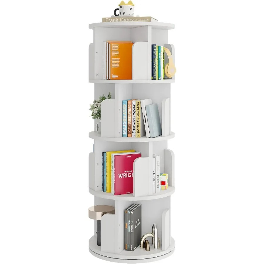 

Rotating Bookshelf 360 Display 4 Tier Floor Standing Bookcase Storage Rack Wood Narrow Book Shelf Organizer for Bedroom Living