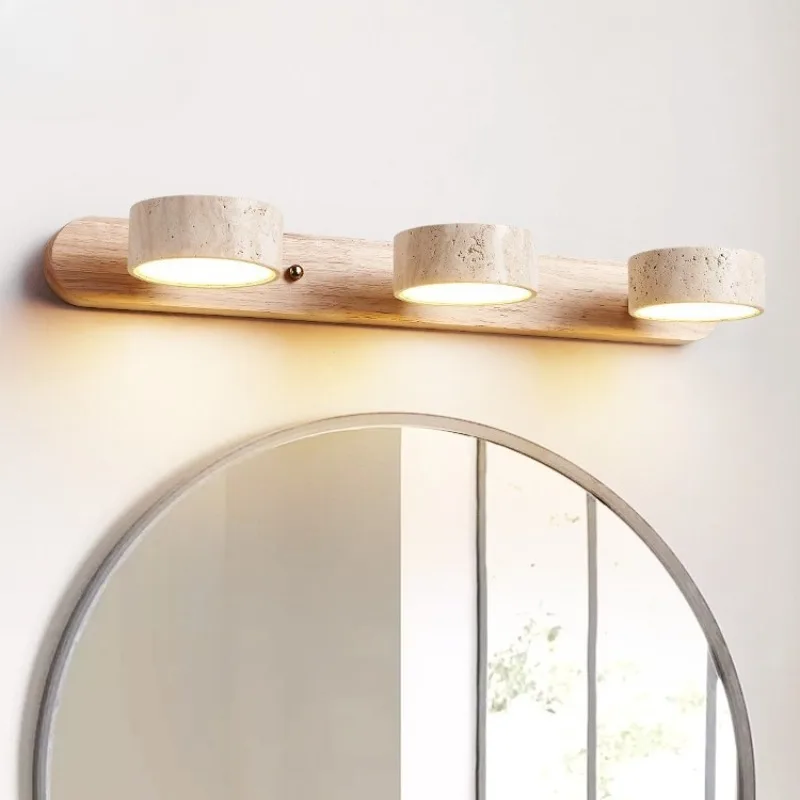 

Japanese Wabi Sabi Yellow Travertine Wall Lamp Switch Rotable LED Wood Stone Lights for Bedside Apartment