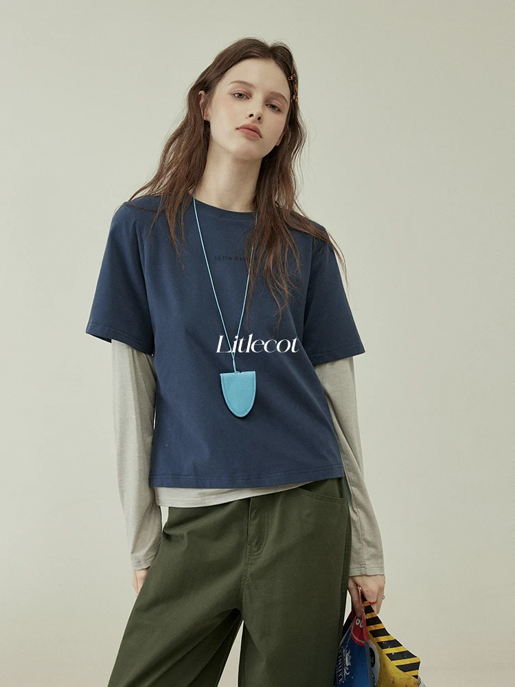 

Темно-синий лоскутный свитшот Jaet, женский весенне-осенний новый длинный свек, повседневный топ в стиле ретро, прямой топ, полная длина