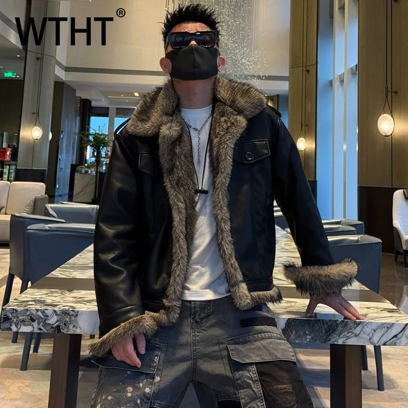 

WTHT Fashion Men's Spliced Plush Thicken Leather Coats Trendy 2025 Autumn Single Breasted Lapel Loose Jackets Male 2A2288