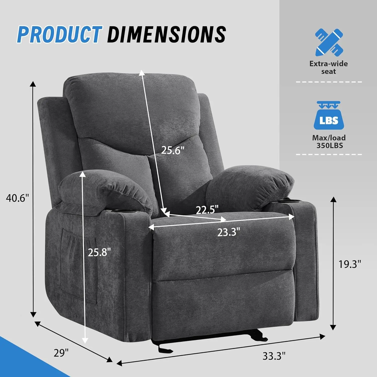 Dark Grey Faux Leather Manual Rocker Recliner Chair for Living Room, Bedroom with Vibration Massage, Pockets