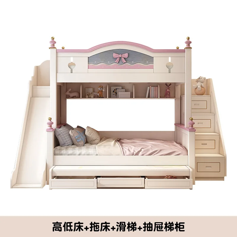 Children's bed on and off bed Girl princess bed High and low bunk wooden other with slide Pink multifunctiona