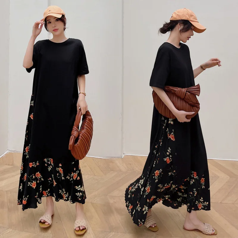 Vestido informal holgado de verano para mujer, vestido largo ajustado con costuras florales, vestido falso de dos piezas de manga corta, novedad de 2025