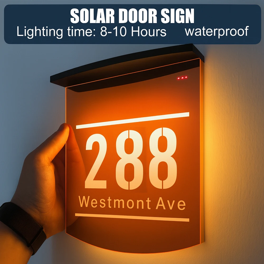 

Custom Outdoor Solar Door Sign Laser Cut LED Acrylic House Numbers Personalized Exterior Hebrew Family Address Sign Dropshipping