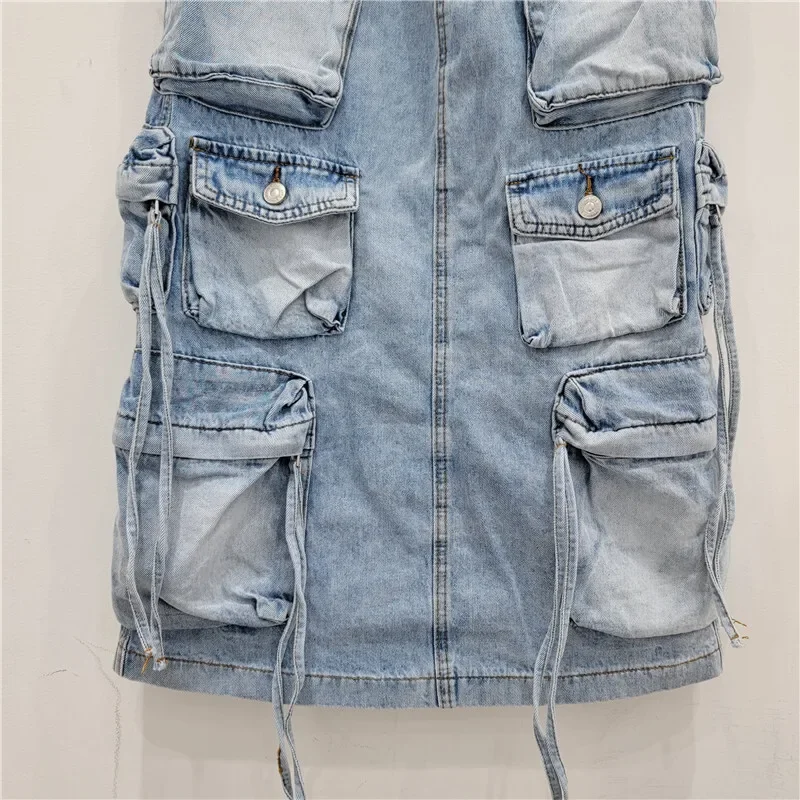 Damska spódnica robocza z denimu, z wysokim stanem, o prostym kroju, w stylu vintage, z wieloma kieszeniami, z rozcięciem z tyłu, codzienna, letnia, modna spódnica jeansowa dla kobiet.