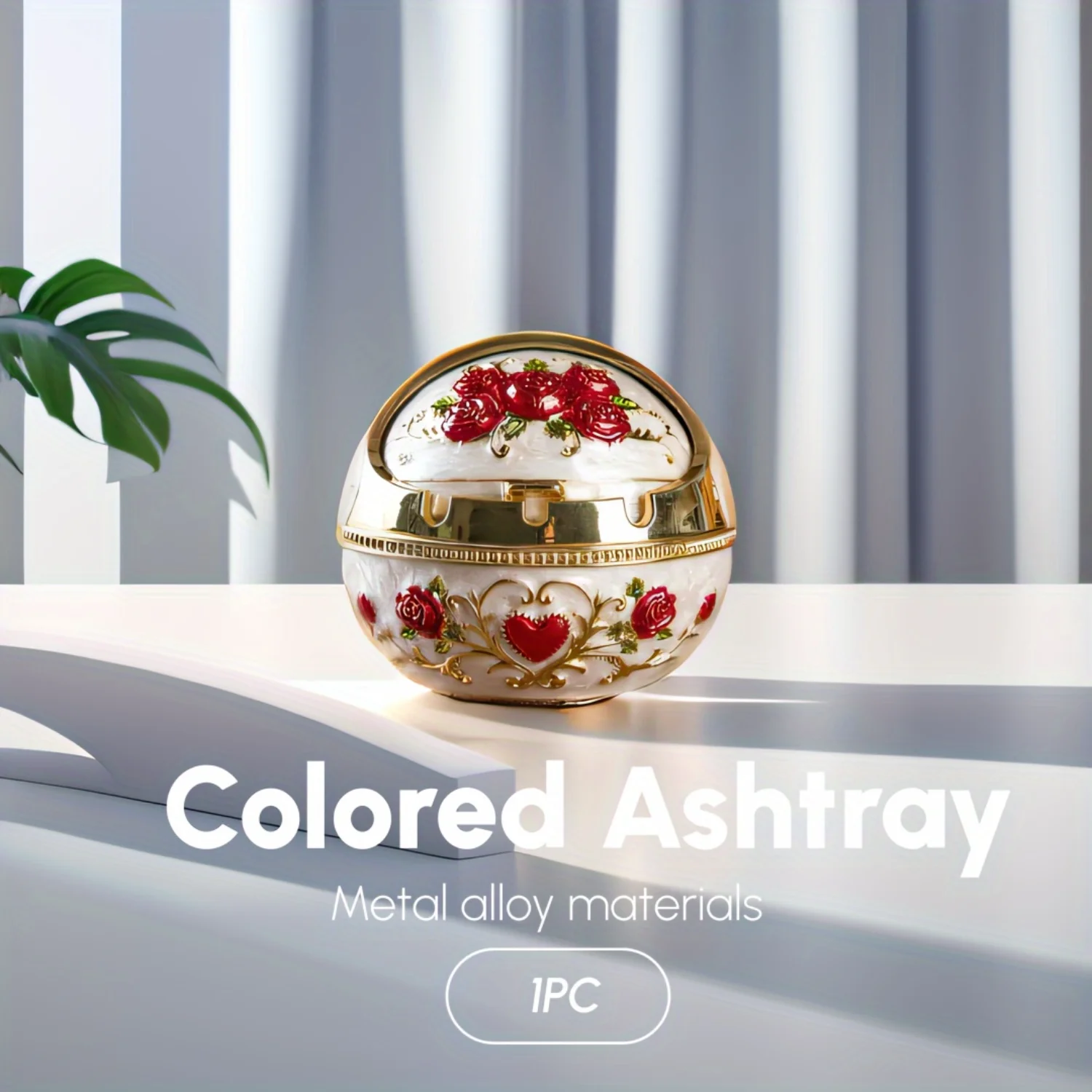 Elegant Metal Alloy Spherical Rose Ashtray with Sliding Cover, Windproof Color Design - Perfect Office Desktop Ashtray, Mothers