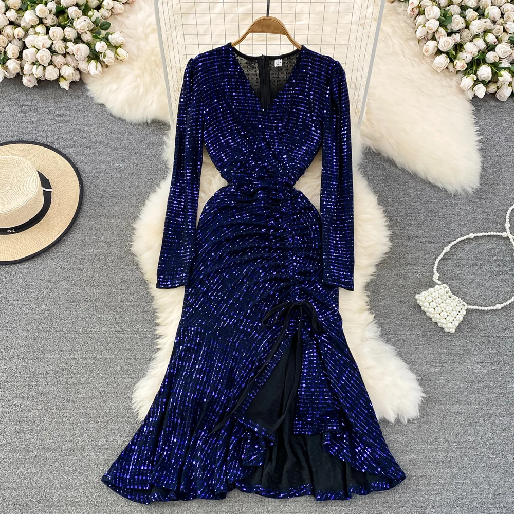 

Sequined Shinny Women Mermaid Dress High Slit V-neck Sexy Party Gowns 2022 New Autumn Long Sleeved Female Vestidos