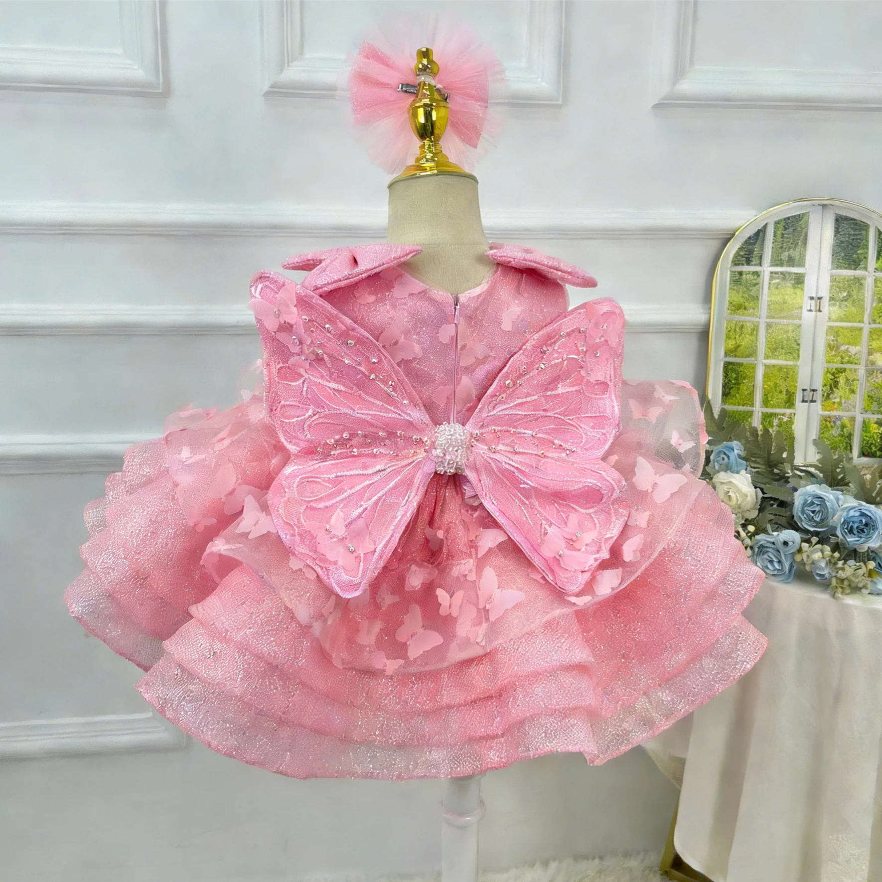 Maßgeschneidertes rosa Blumenmädchenkleid für die Hochzeit, Applikationen, Schleife, hohe Taille, ärmellos, elegantes Kindergeburtstagskleid für die Erstkommunion