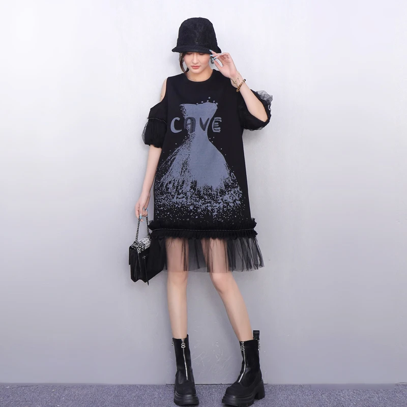 2025 Summer New Elegant Women Loose O-Neck Mesh Off Shoulder T-shirts Long Dresses Ladies Short Sleeve Dress Wholesale J1229