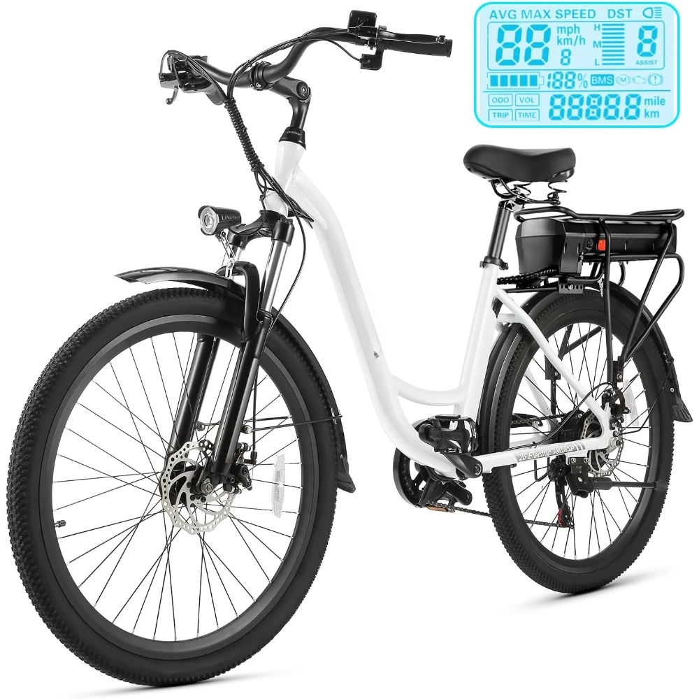 

Electric Bike for Adults, 26" Commuter Electric Bicycles, 7-Speed, LCD Digital Display, Suspension Fork, Cruise Control