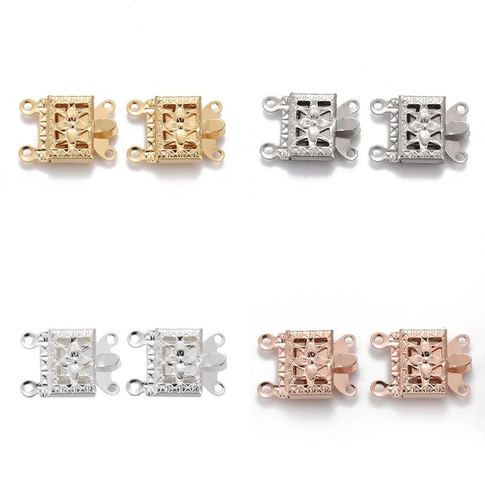 10 Sets 2-Strands 304 Stainless Steel Box Clasps Rectangle with Flower 4-Holes Clasps DIY Jewelry Making Supplies 15x10x3mm