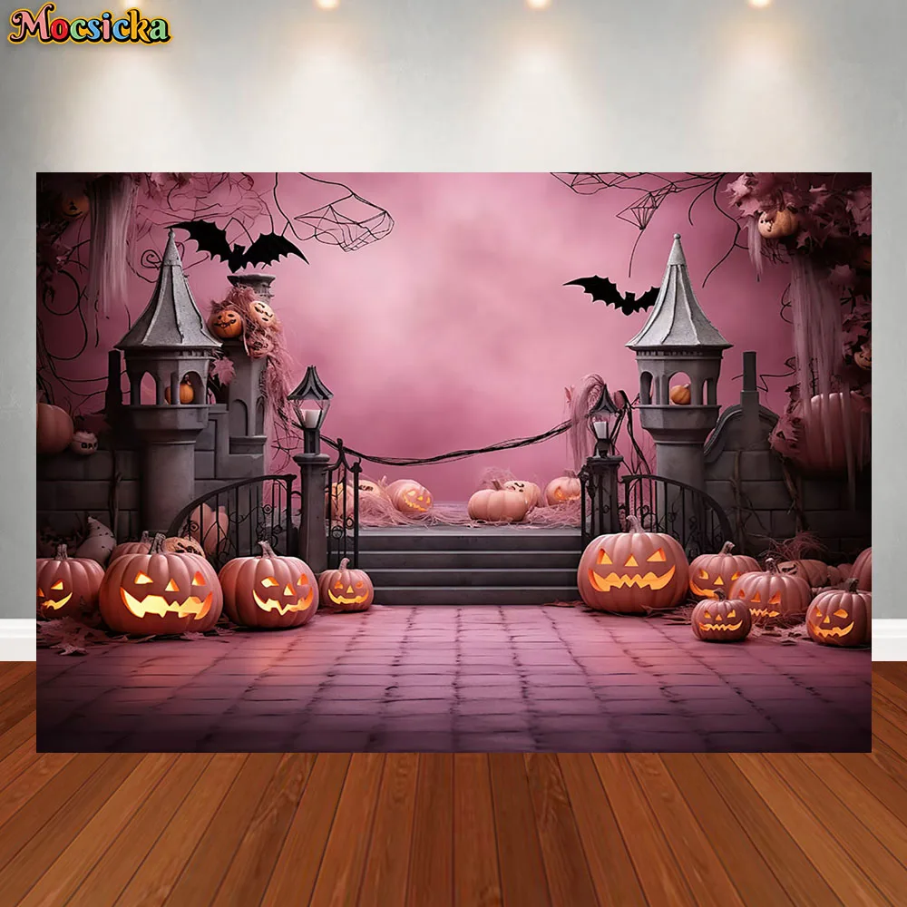 Mocsicka Halloween Photography Background Pink Castle Autumn Decoration Holiday Family Portrait Baby Birthday Background Banner