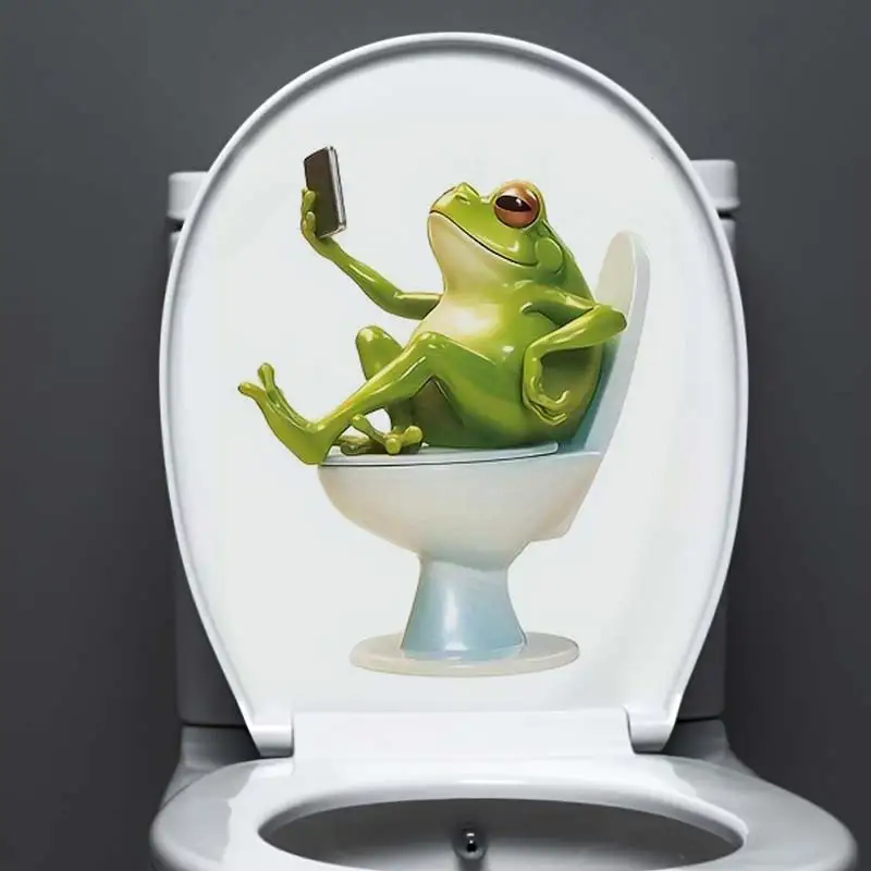 The Frog Sits on The Toilet Seat and Plays With The Phone Bathroom Toilet Cover Sticker Wall Stickers Animal Home Decals M1034