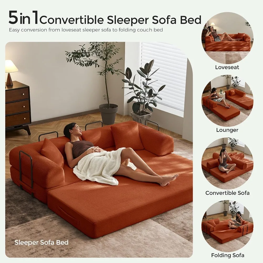 79" Convertible Futon Sofa Bed, Boneless Couch for Living Room, Orange - view 5