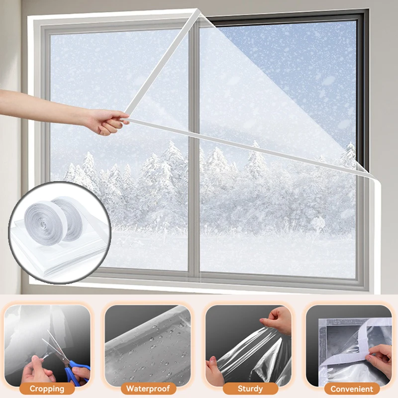 

Winter Window Insulation Kit Thermal Plastic Film with Adhesive Strips Transparent Reusable for Bedroom Energy Saving Heating