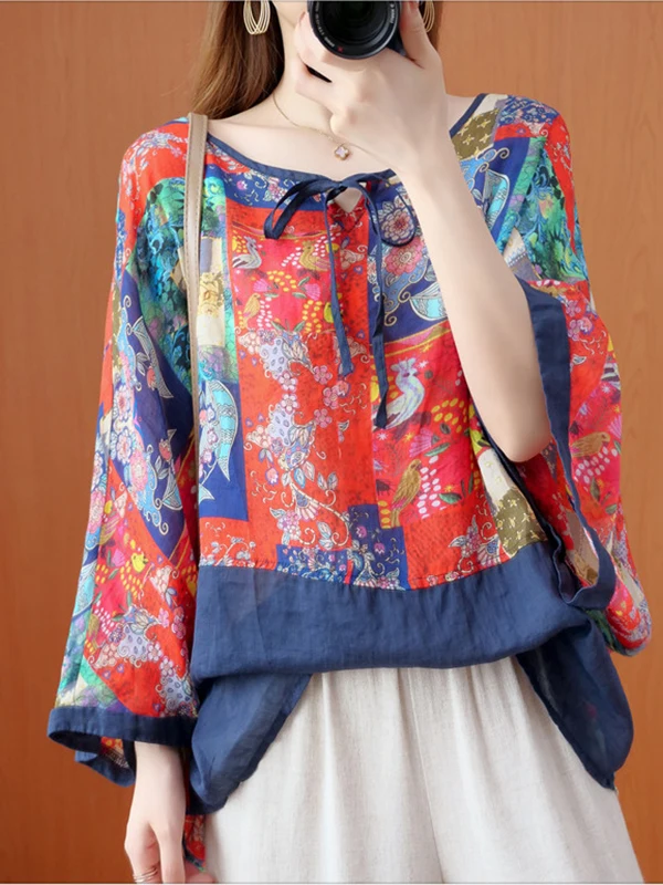 

Женская этническая летняя блузка больших размеров с v-образным вырезом и поясом для похудения, топ с летучей мышью, модная блузка с мясным покрытием