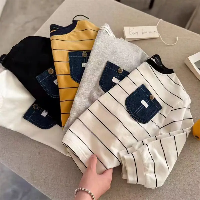 

Детские футболки с длинными рукавами, осень-весна 2023, новый корейский модный повседневный топ с круглым вырезом и карманами в полоску