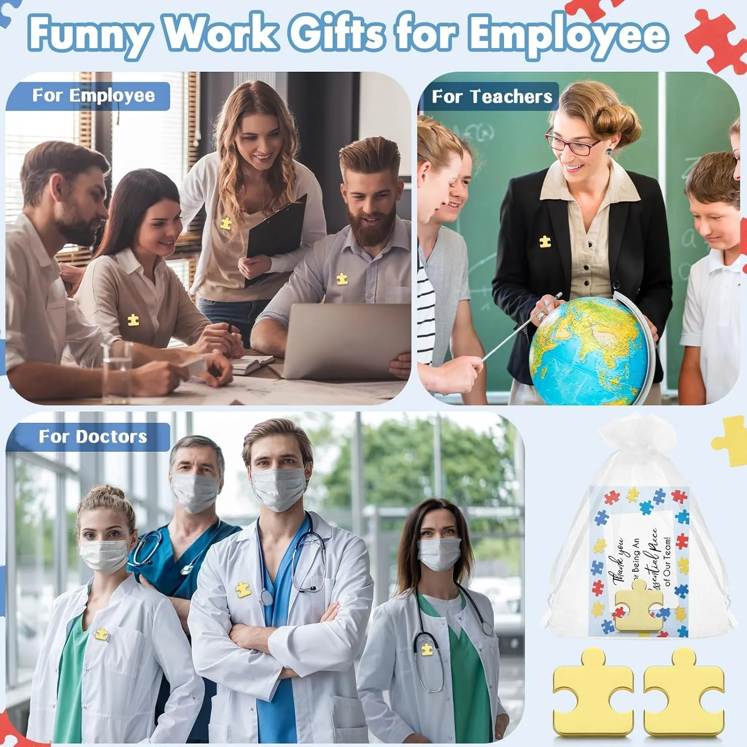 10 مجموعات من هدايا شكر الموظفين الجماعي - دبابيس ألغاز كبيرة مع بطاقات شكر وأكياس شاش مناسبة للهدايا