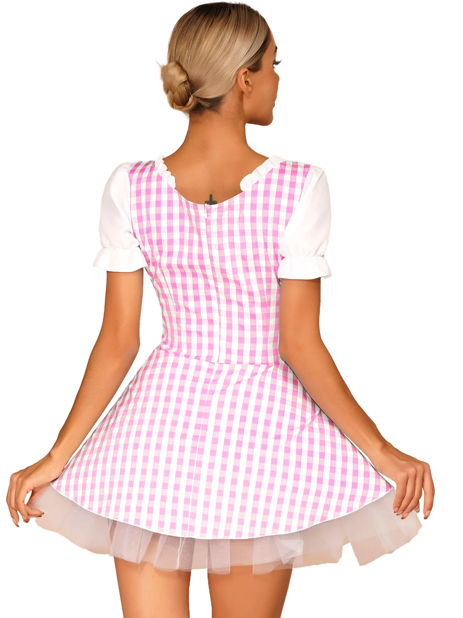 #S-3XL Womens Halloween Miss Muffet Cosplay Dress Lace-Up Ruffle French Apron Plaid Maid Servant Dress for Masquerade Party