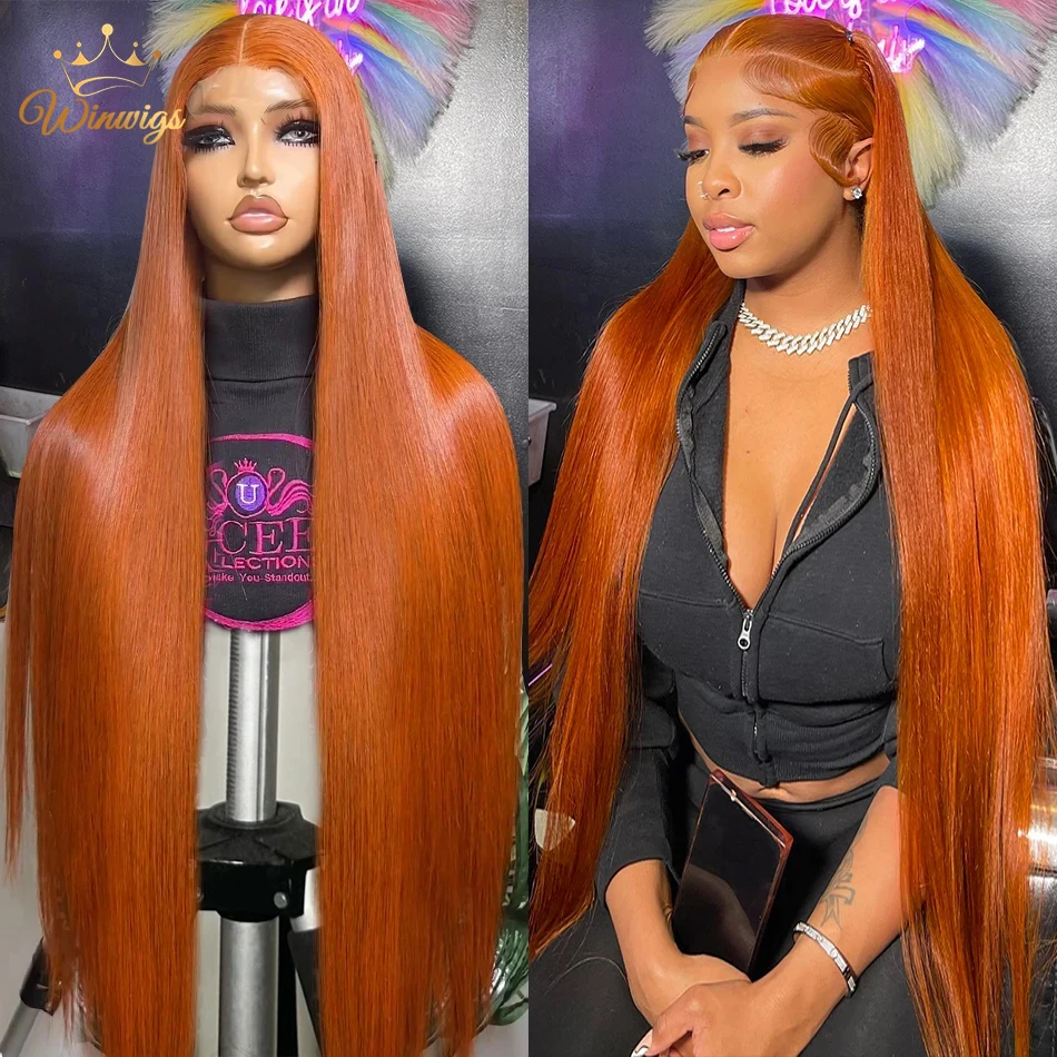 Pelucas de cabello humano liso con encaje Frontal para mujer, color naranja, jengibre, HD, 13x4, brasileño, transparente, prearrancado