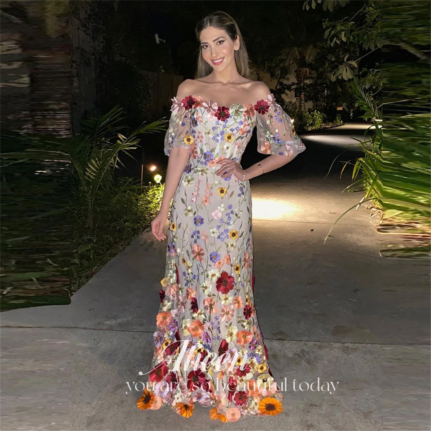 Aileen 3D Flowers Dress Party Evening Elegant Luxury Celebrity Lace Women 2023 Fish Tail Pretty Women's Dresses Manual Wedding