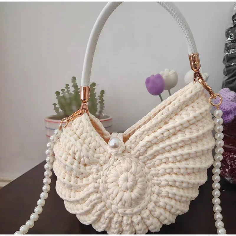 Conch Shell Knit Crochet Umhängetasche, Perlenkette, handgefertigte gewebte Damen-Umhängetasche, elegante, zarte, süße, kompakte Geldbörse – Detail 38