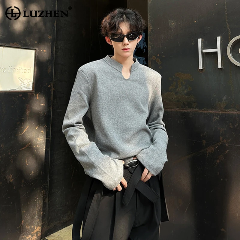

LUZHEN Fashion Elegant Stand Collar Long Sleeve T-shirts Men's Solid Color 2025 Autumn High Quality Handsome Casual Tops JY3703