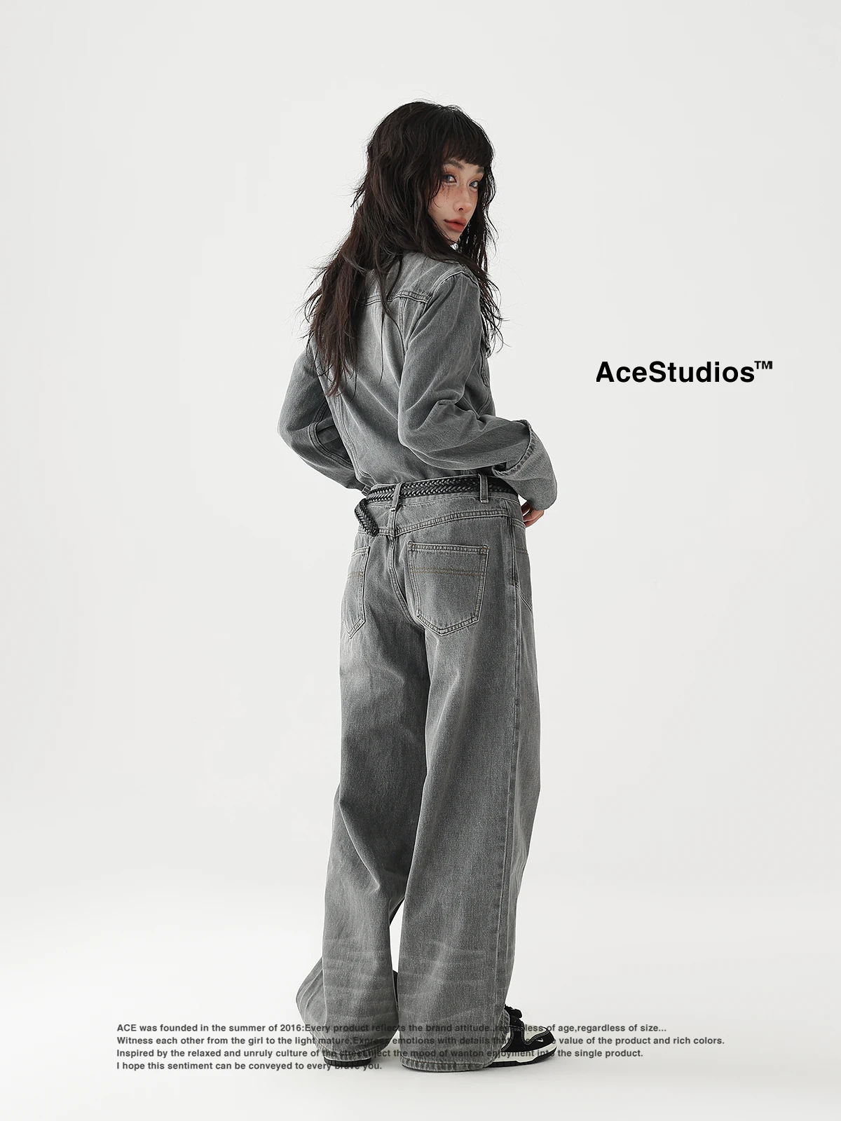 Acestudios High Street Vintage Washed Denim Fashion Set Single Button Jacket Small Outerwear Straight Leg Pants Women's Ensemble
