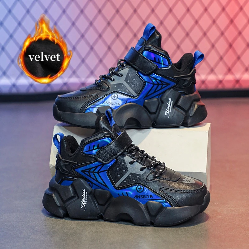 

Winter Fur Running Shoes Kids Comfy Leather Sports Shoes Boys Outdoor Warm Velvet High Top Sneakers Children's Casual Sneakers