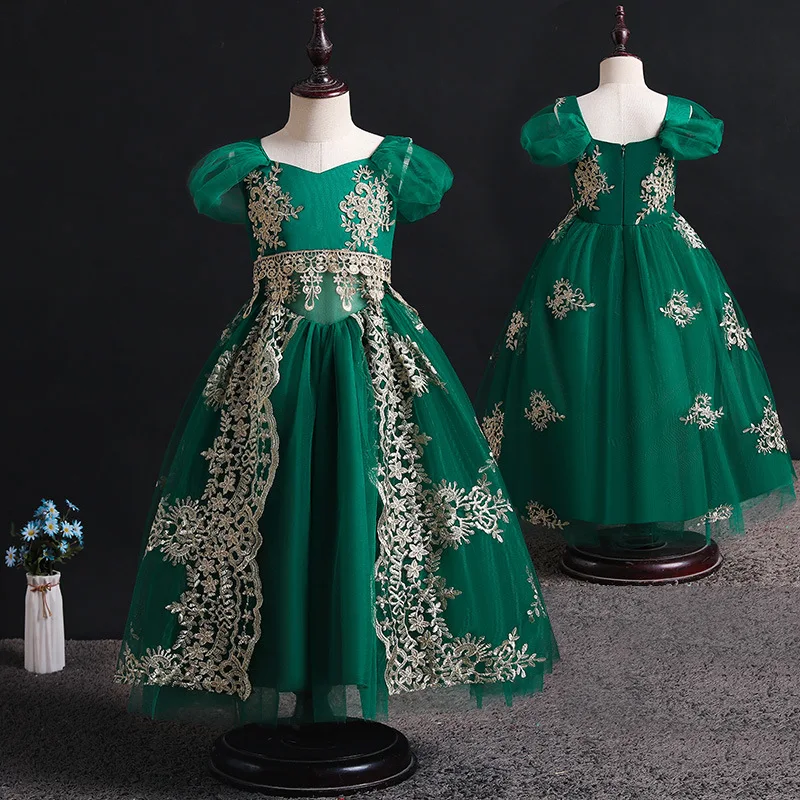 

Green Lace Embroidery Gown Clothing Kids 3-10 Years Baby Girls Princess Dress Formal Evening Clothes Carnival Birthday Costume