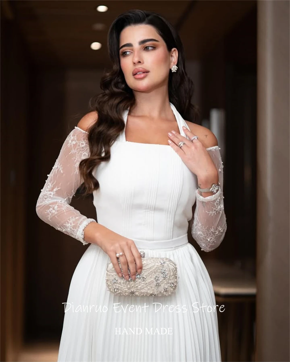 فستان سهرة Dianruo برقبة رسن على شكل حرف A مطوي وأكمام من الدانتيل رداء De Soirée Abendkleider دبي فيستدو دي فييستا مخصص
